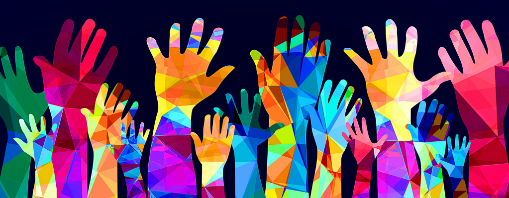 Illustration of many brightly coloured hands raised into the air